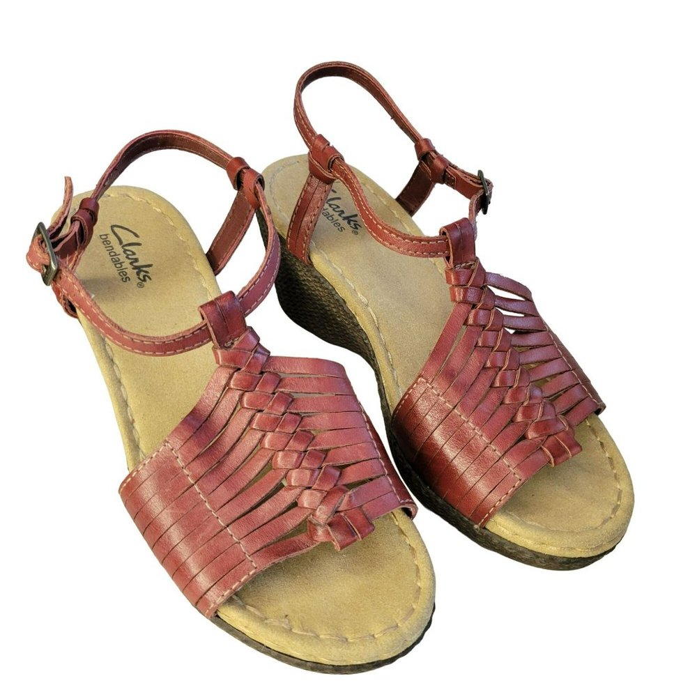 Clarks Bendables Womans Size 6M Sandal Shoes Wedge Red Brown - Picture 2 of 10